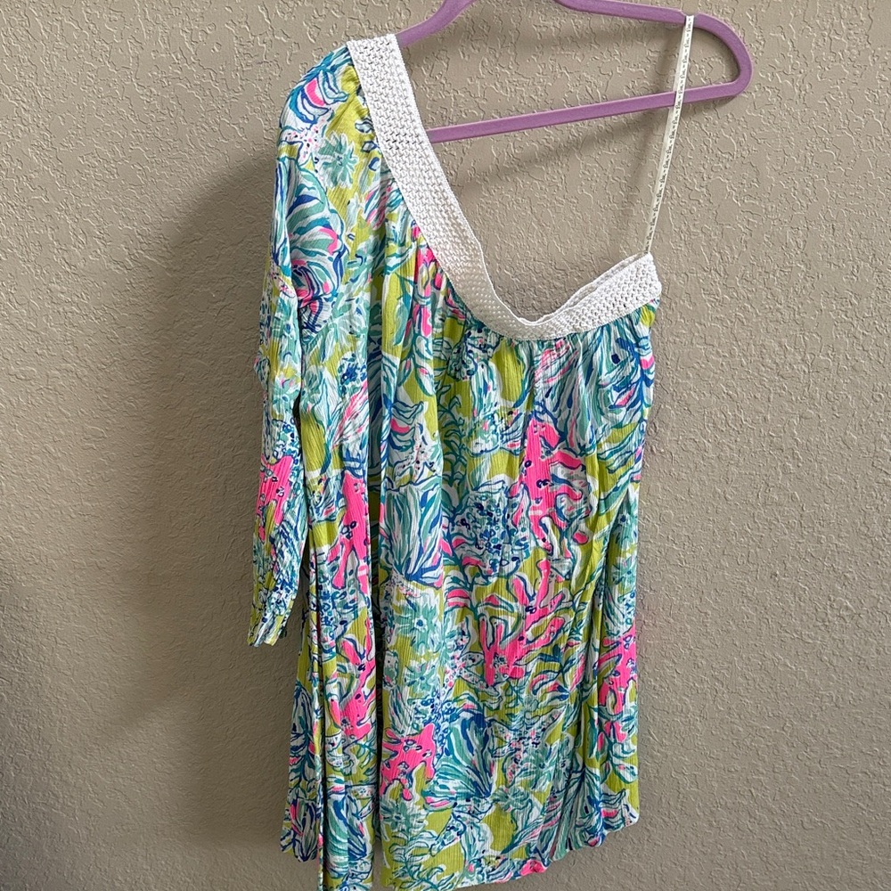 Lilly Pulitzer One-Shoulder Multi-Color Floral Tunic with White Crochet Trim